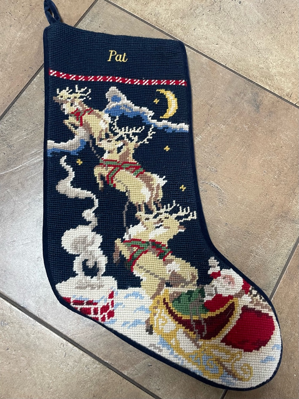 LANDS’ END Santa Claus Reindeer Wool Needlepoint Christmas Stocking blue PAT